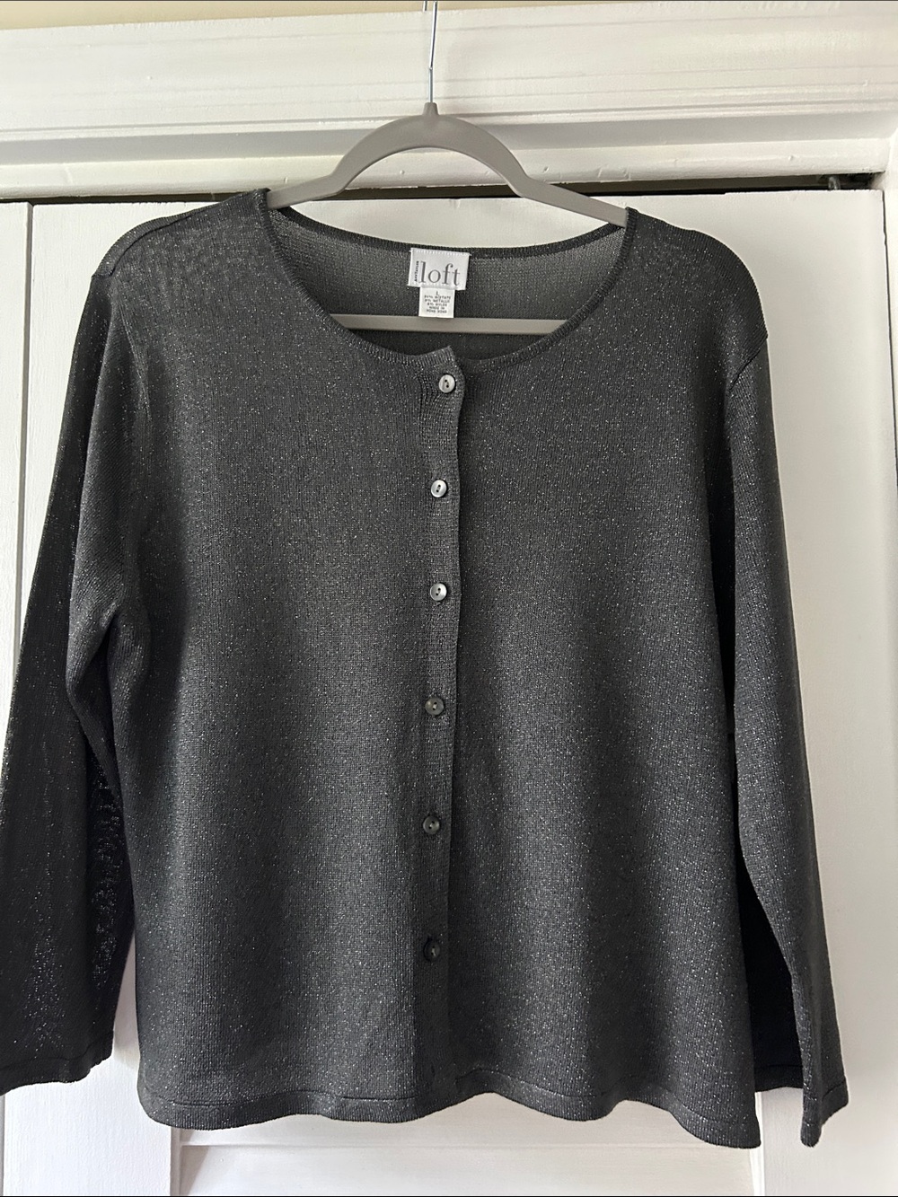 LOFT Shimmery Charcoal Button-Front Cardigan